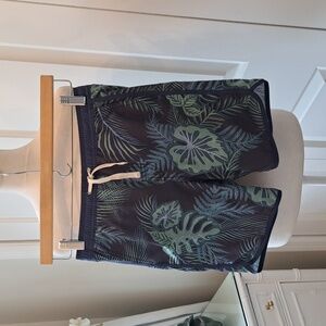 Fair Harbor Boys Blue/Green Tropical Print Swim Trunks Quick-Dry Elastic L(8-10)